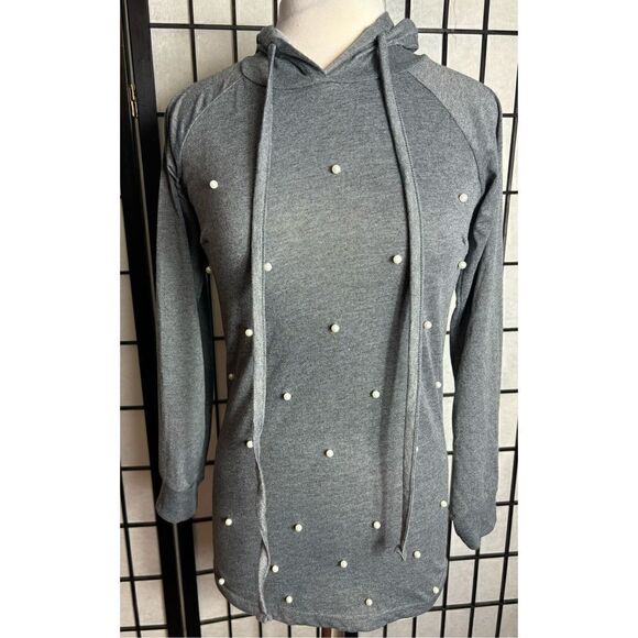 Love Nation Gray Pearl Adorned Hooded Top - Picture 1 of 8
